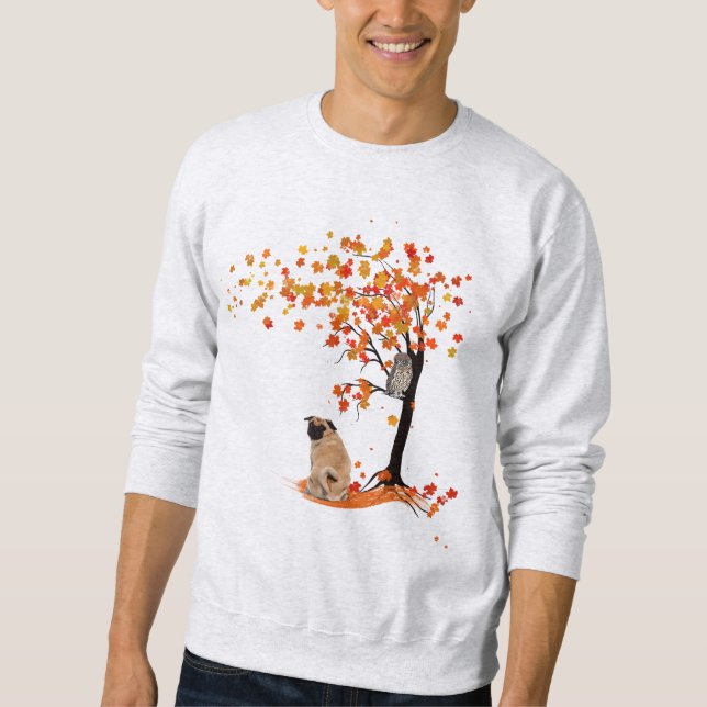 Sudadera Dueño De Pug Owl Y Fall Tree Pug Funny Pug Otoño (Anverso)