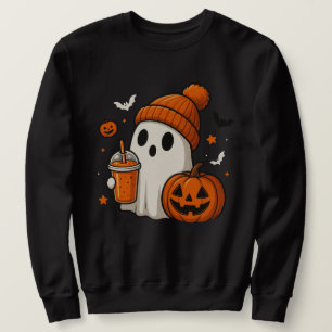 Sudadera Dulce Fantasma de Halloween con Calabaza y Bebida 