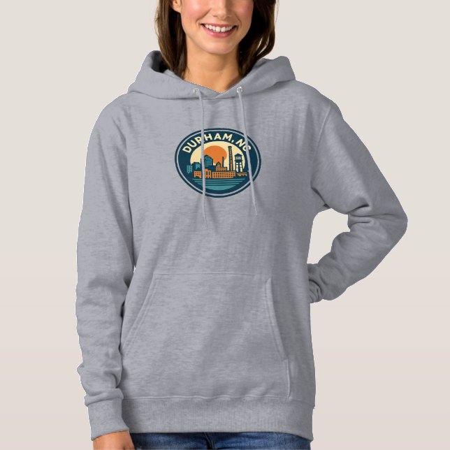 Sudadera Durham, NC Retro Skyline Badge - Ciudad de molinos (Anverso)
