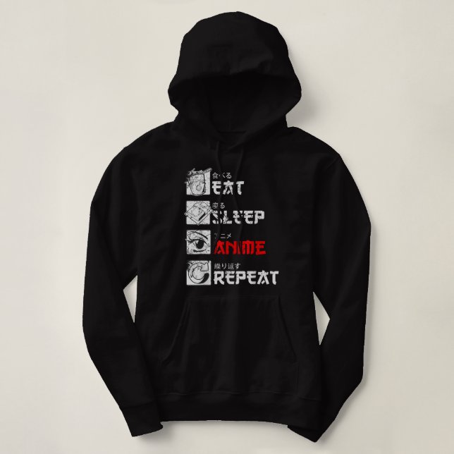 Sudadera Eat Sleep Anime Repetir Manga Japón Kanji Weeb Vin (Diseño del anverso)