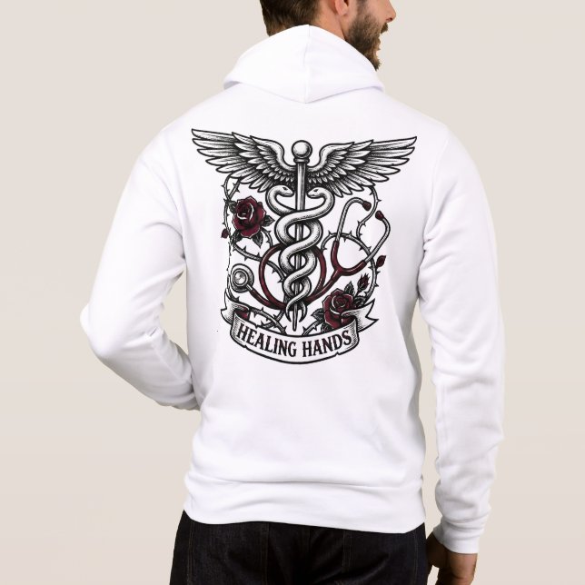 Sudadera Edgy Tattoo Nurse Skull & Healing Hands Caduceus  (Reverso)