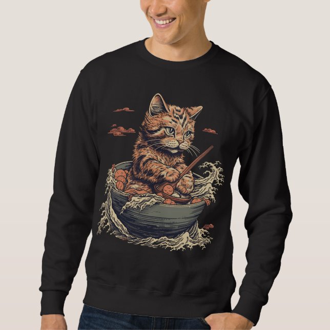 Sudadera el gato come Ramen, ola de Kanawaga (Anverso)