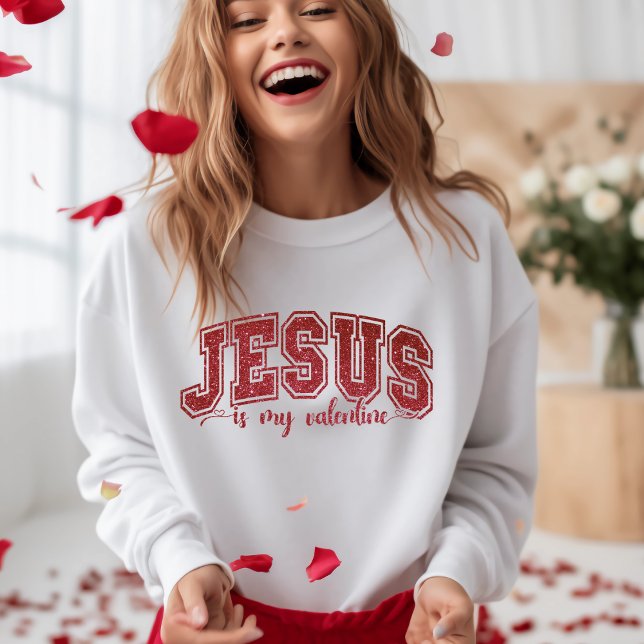 Sudadera El Jesús Elegante Es Mi Secuencia De Faux Rojo De  (Stylish Jesus Is My Valentine Red Faux Sequin Sweatshirt)