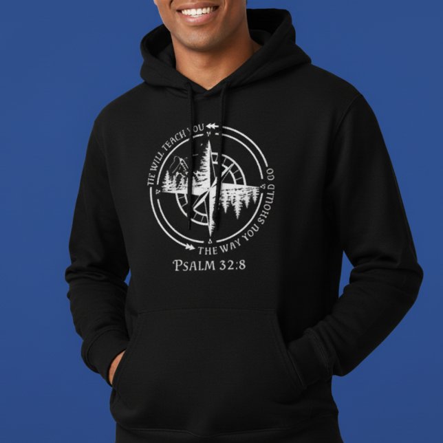 Sudadera Él te enseñará Salmo 32:8 Compass Mountain (Psalm 32:8 Hoodie - He Will Teach You. Cozy compass mountain Christian faith wear for believers! )