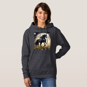 Sudadera Elegancia lunar: caballo negro de fantasía con lun