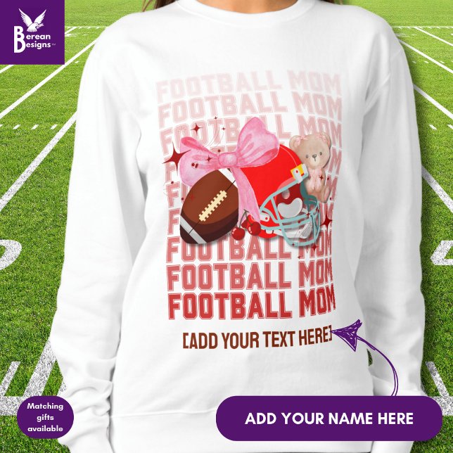 Sudadera Elegante FOOTBALL MOM Coquette (Fun, stylish FOOTBALL MOM sweatshirt designed with coquette aesthetic and CUSTOMIZABLE TEXT.)