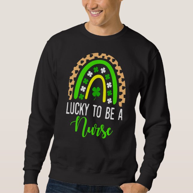 Sudadera Enfermera St Patrick S Day Lucky Rainbow Leopardo  (Anverso)