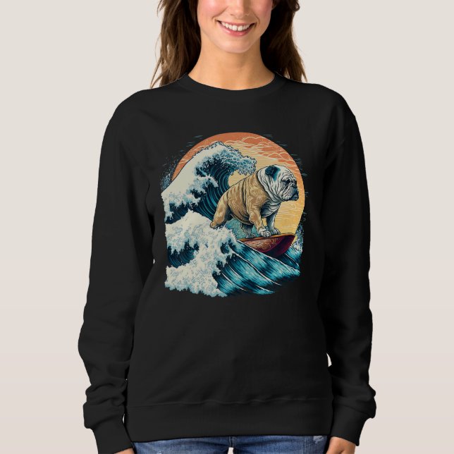 Sudadera English Bulldog Surfing On the Great Wave of Kanag (Anverso)