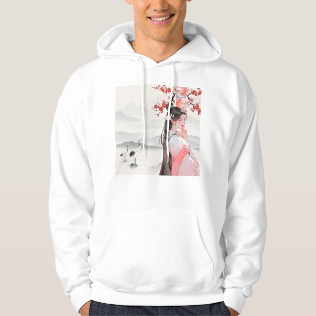 Sudadera Ensueño de primavera: grullas y flores de ciruelo (Anverso)