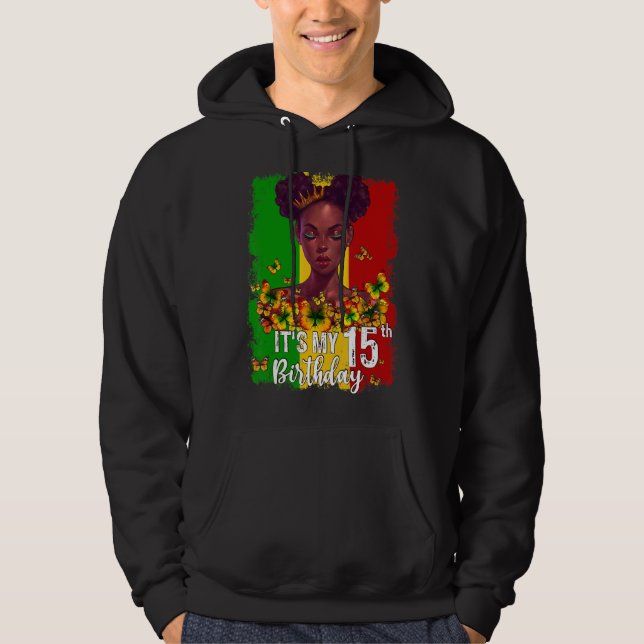 Sudadera Es mi cumpleaños número 15, Melanin negro de 15 añ (Anverso)