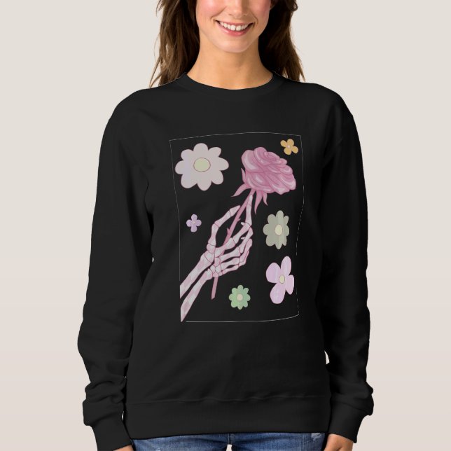 Sudadera Estética pastel danesa esqueleto mano rosa roja   (Anverso)