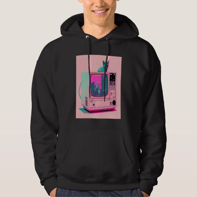 Sudadera Estética Vaperwave Gato Glitch Retrowave Synthwave (Anverso)