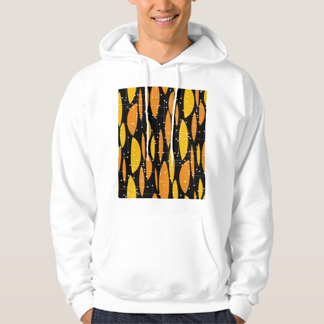 Sudadera Estilo atómico, patrón geométrico naranja negro. (Anverso)