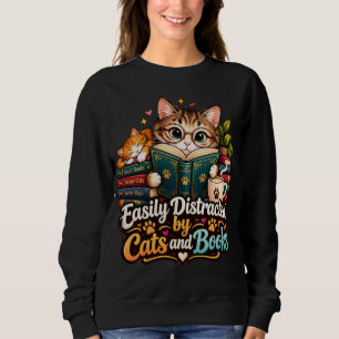 Sudadera Fácilmente Distraído por Gatos y Libros Adorable A