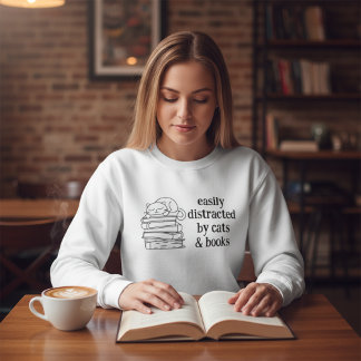 Sudadera Fácilmente Distraído por Gatos y Libros Arte Coque