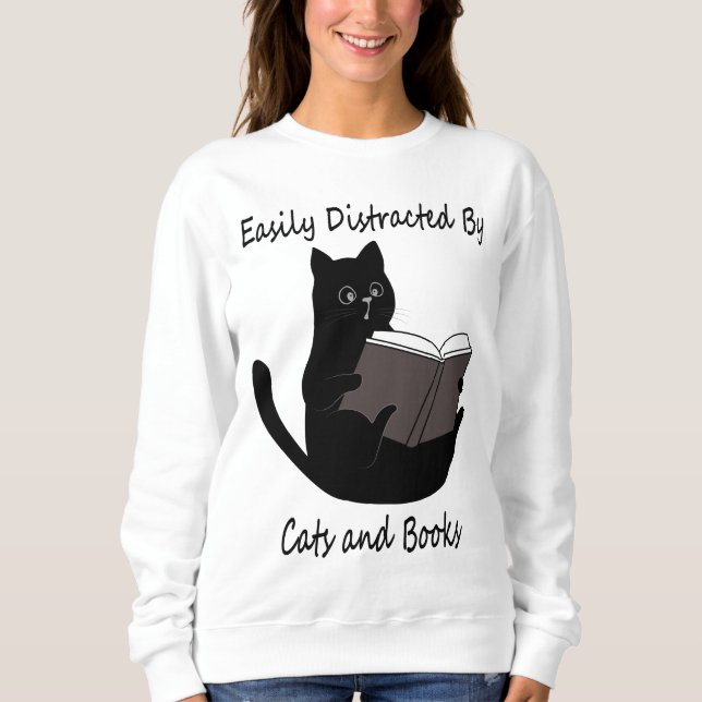 Sudadera Fácilmente Distraído Por Gatos Y Libros, Un Regalo (Anverso)
