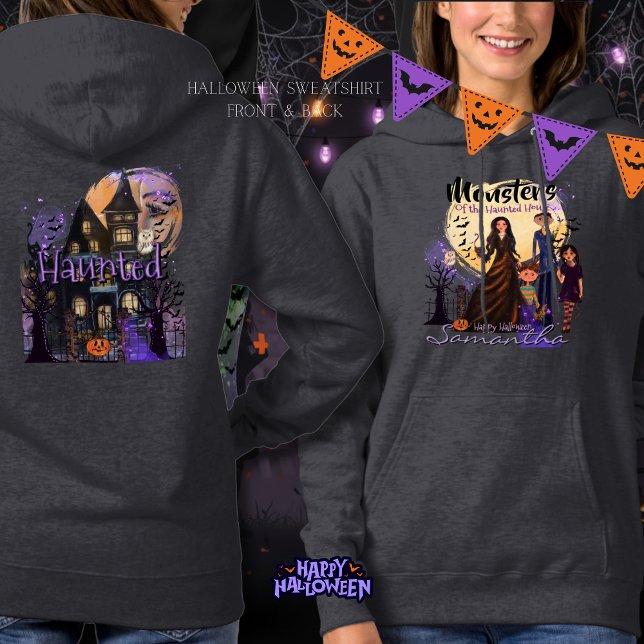 Sudadera Familia de Monstruos de la Casa Delantera y Atrás (Front & Back Haunted House Monster Family Hoodie)