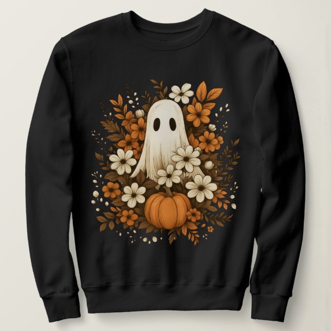 Sudadera Fantasma Adorable Con Calabaza Y Flores De Otoño – (Anverso del diseño)