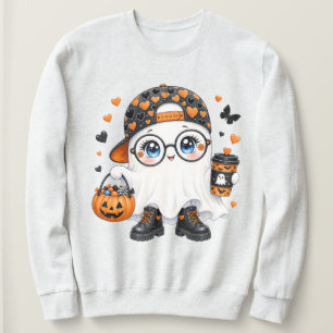 Sudadera Fantasma de Halloween Adorable con Café y Calabaza
