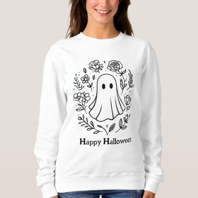 Sudadera Fantasma floral suave negro y blanco Feliz Hallowe (Anverso)