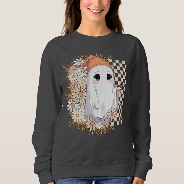 Sudadera Fantasma Kawaii con café y daisies - acogedor (Anverso)