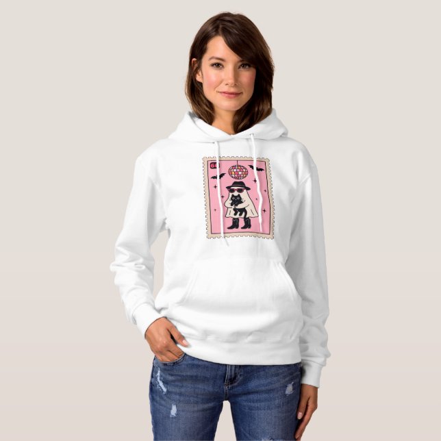 Sudadera Fantasma retro disco con sello de Halloween de gat (Anverso completo)
