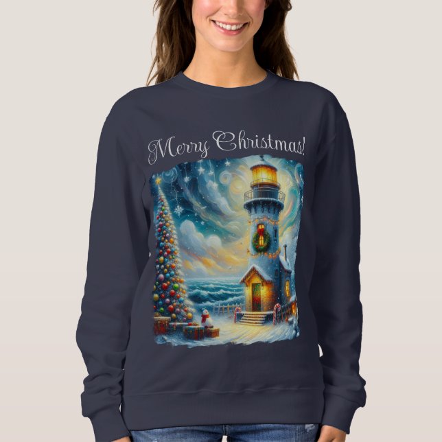 Sudadera Faro de árbol de navidad azul costero náutico (Anverso)