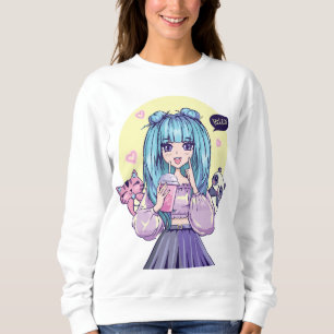 Sudadera Fashionista: Chica de Cabello Azul con Panda y Gat