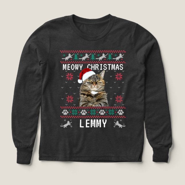 Sudadera fea de Navidad personalizada con gato y f (Diseño frontal)