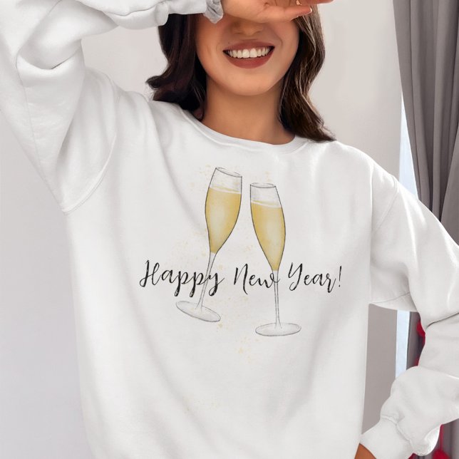 Sudadera Feliz Año Nuevo Fiesta Champagne Watercolor Gold (Happy New Year Whimsical Champagne Glasses. )
