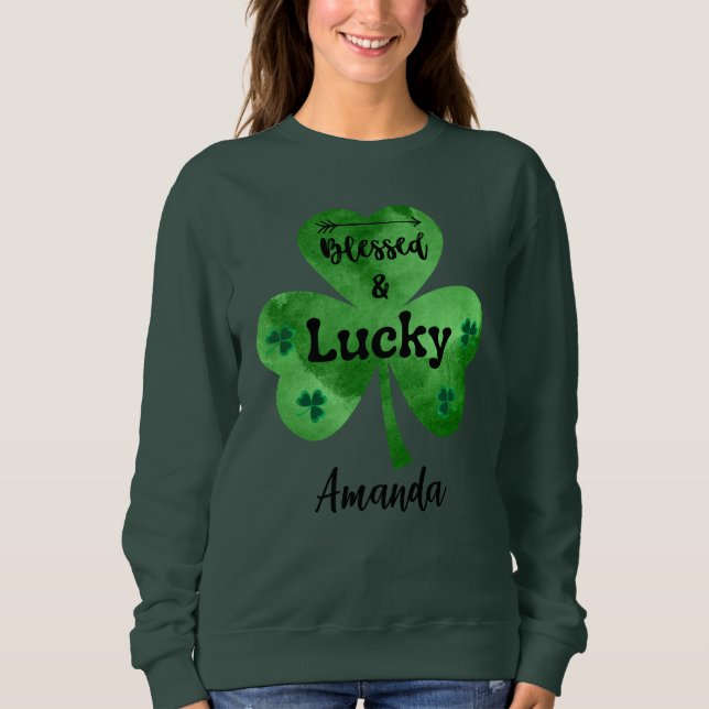 Sudadera Feliz Día de San Patricio Bendecida y afortunada (Anverso)