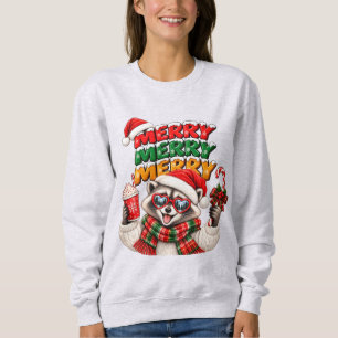 Sudadera Feliz Feliz Feliz Navidad Mapache Cacao Caliente