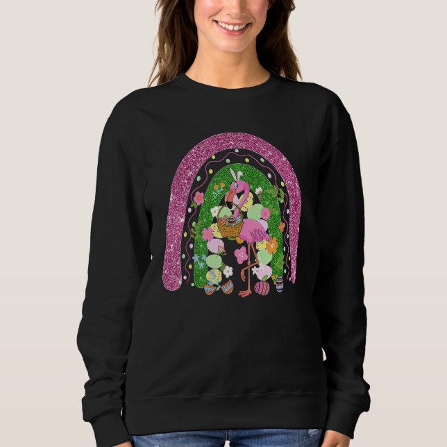 Sudadera Feliz Flamingo del Arcoiris de Pascua con máscara  (Anverso)