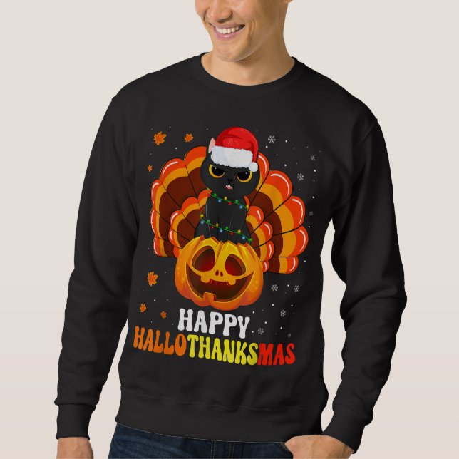 Sudadera Feliz Hallothanksmas Gato Negro Enamorado Santa Ca (Anverso)