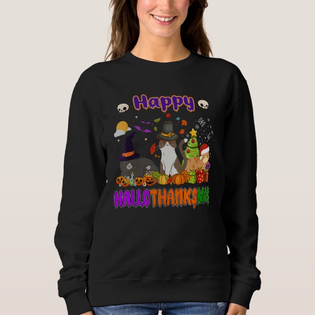 Sudadera Feliz Hallothanksmas Gracioso Gato Lover Wine Sant (Anverso)