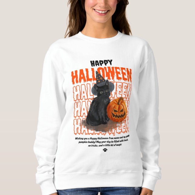 Sudadera Feliz Halloween Gato Negro y Carne de Calabaza Fem (Anverso)