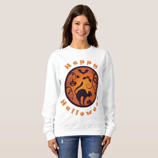 Sudadera Feliz Halloween linterna gato negro arañas y murci (Anverso completo)