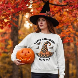 Sudadera Feliz Halloween Sombrero de Brujas Cuadros Naranja