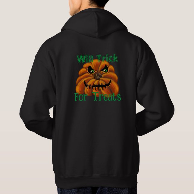 Sudadera Feliz hoodie de Halloween, Will engañar para recib (Reverso)