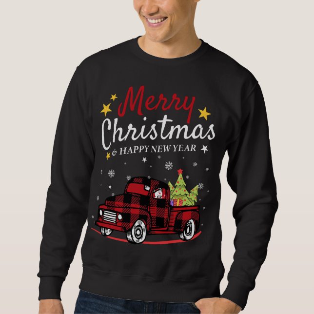 Sudadera Feliz Navidad Búfalo Camión Snowman Tree Red Pla (Anverso)