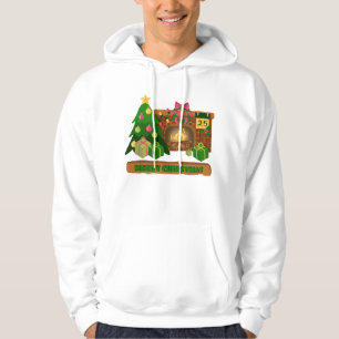 Sudadera Feliz Navidad cerca de la chimenea de fuego árbol 