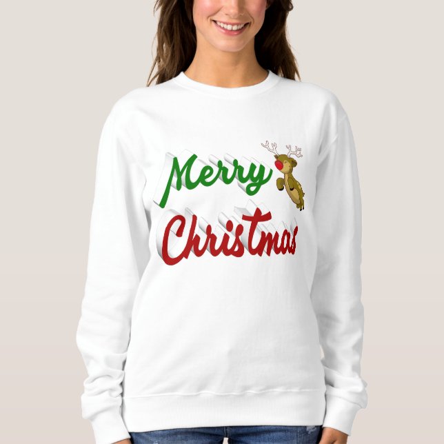 Sudadera Feliz Navidad Flying Reindeer guión verde rojo (Anverso)