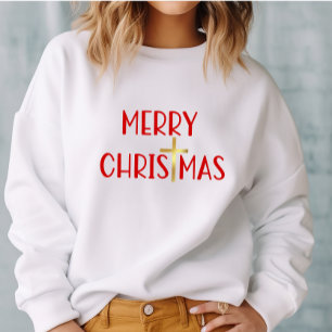 Sudadera Feliz Navidad Oro Cruz Cristiana Fe Blanco