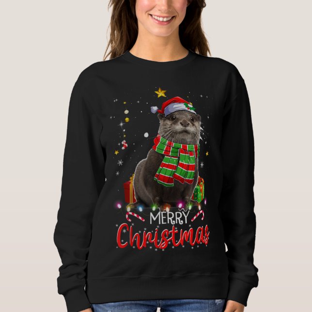 Sudadera Feliz Navidad Otter Santa Hat Tree iluminó Pajama (Anverso)