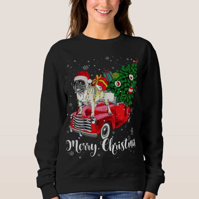 Sudadera Feliz Navidad Pug Lover Santa Light Red Truck Xm (Anverso)