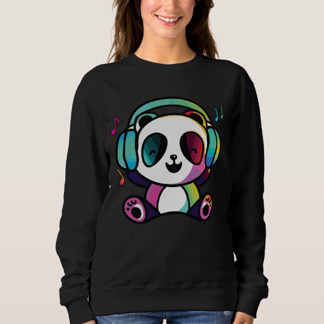 Sudadera Feliz Panda con auriculares escuchando música. (Anverso)