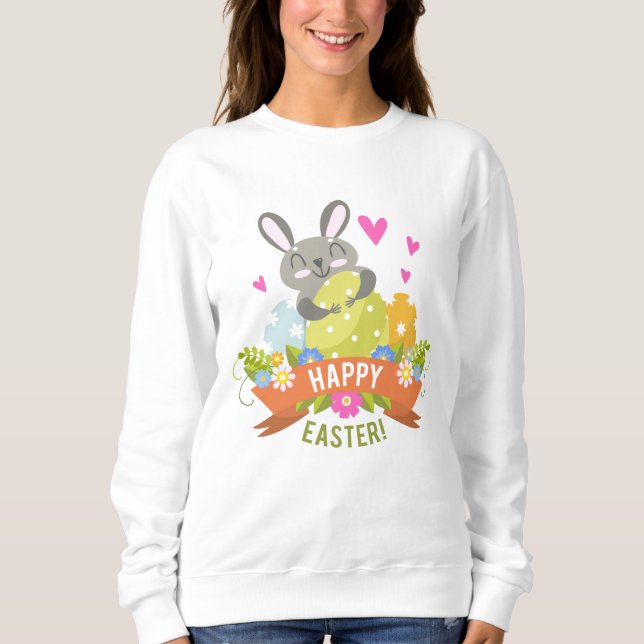 Sudadera Feliz Pascua Conejo Conejo Conejo Huevos Floral |  (Anverso)
