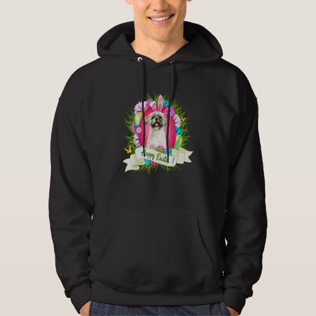 Sudadera Feliz Pascua Shih Tzu usando Guay de huevos de per (Anverso)