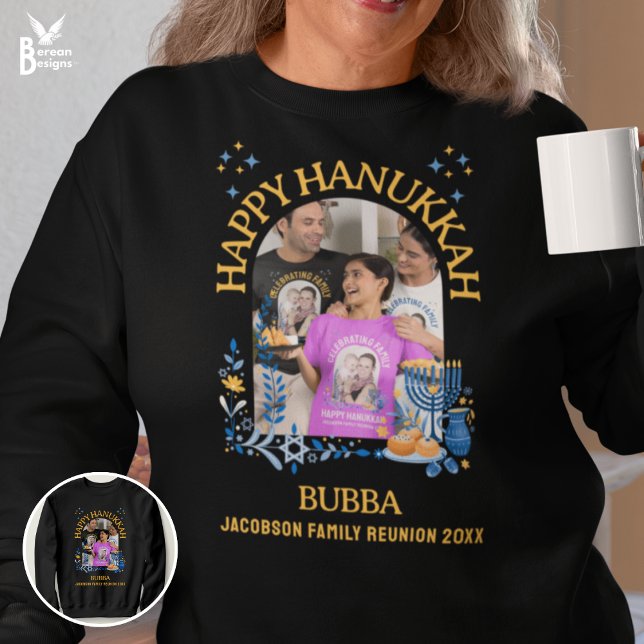Sudadera FELIZ Personalizado DE HANUKKAH. Foto BUBBA (Fun BUBBA sweatshirt for family reunion HANUKKAH celebration. Customizable text and photo.)