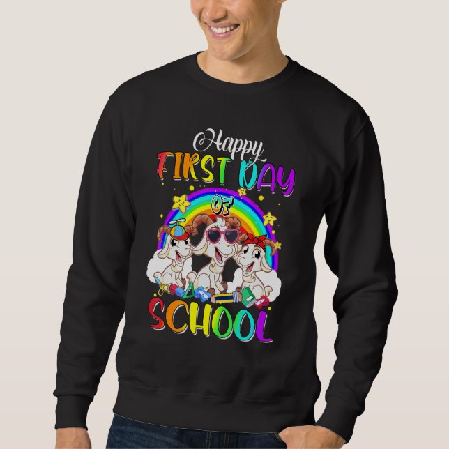 Sudadera Feliz primer día de clase, con la cabra en arco ir (Anverso)